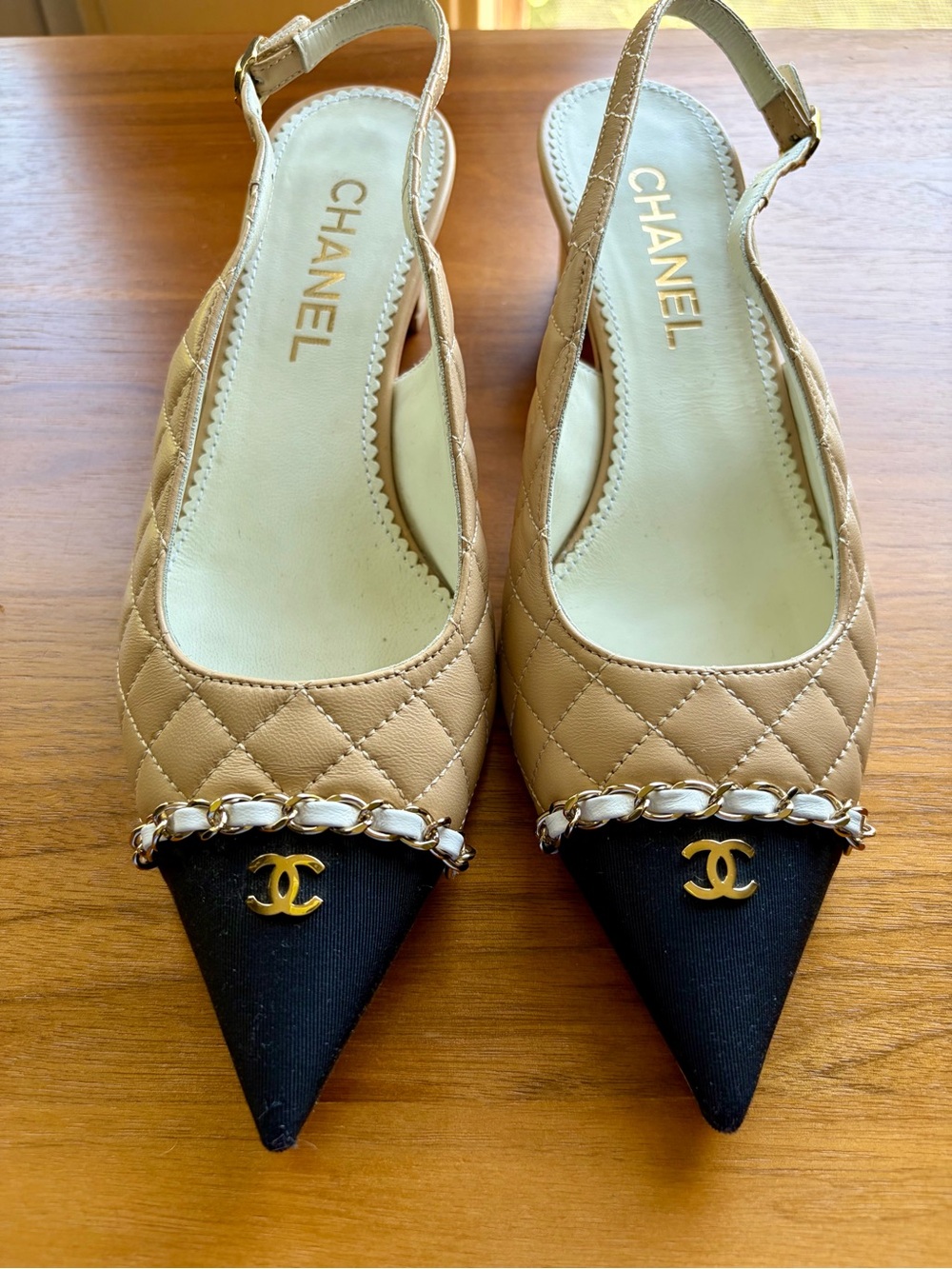 CHANEL Tan Quilted Slingback Mules with Black Pointed Toe & Gold CC - Picture 1 of 5
